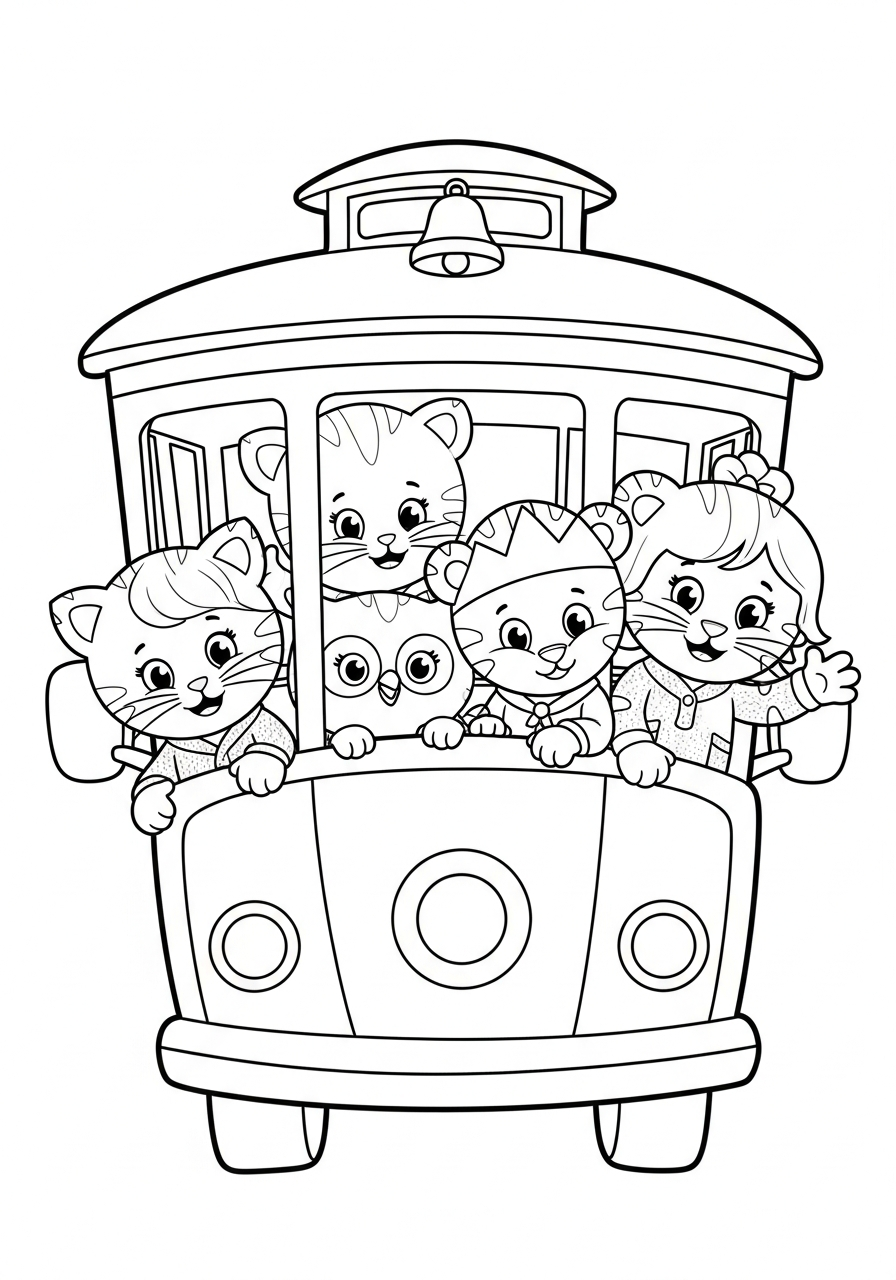 Daniel and friends riding the Trolley coloring page