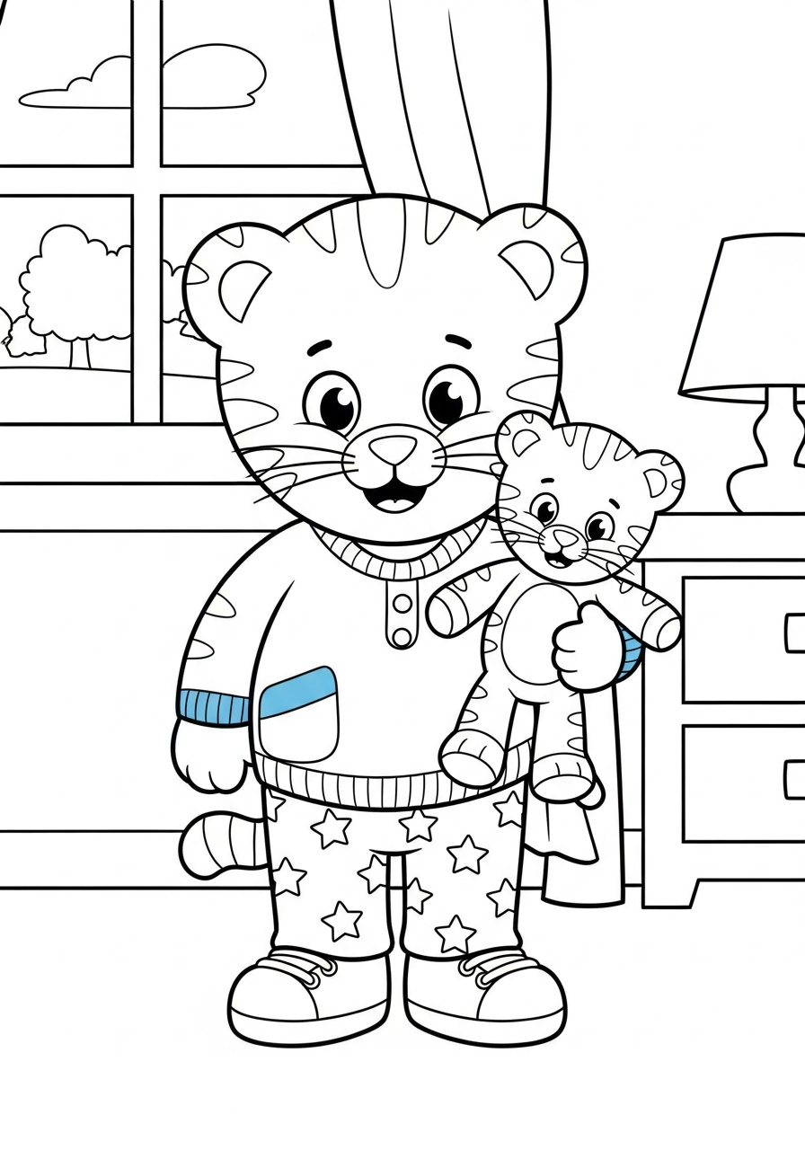 Daniel in pajamas holding Tigey coloring page