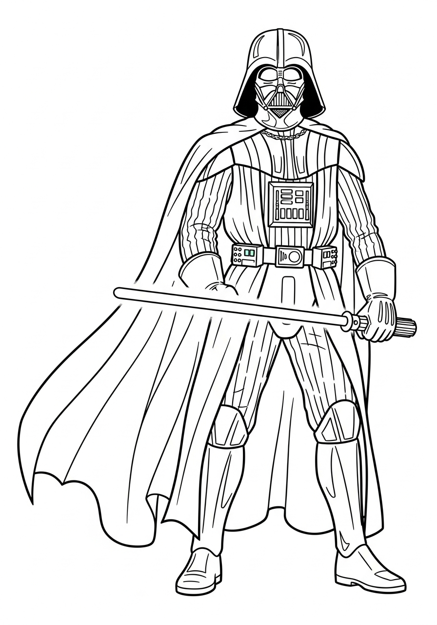 Darth Vader in iconic standing pose coloring page