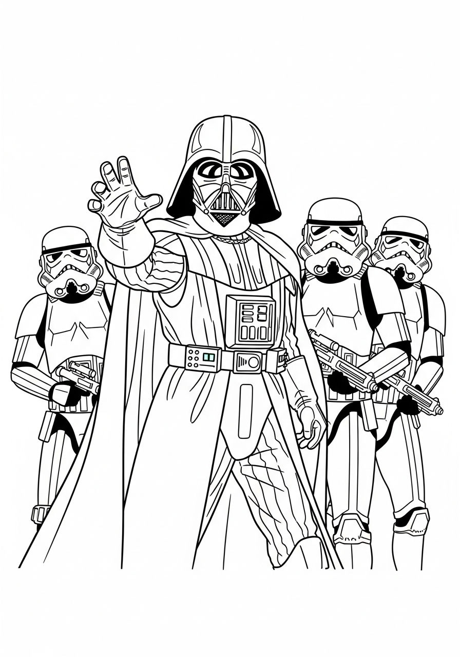 Darth Vader leads his Stormtroopers coloring page