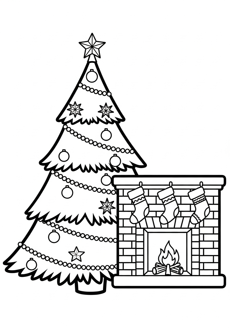 Christmas Tree Coloring Pages 10 Decorated tree by cozy fireplace coloring page