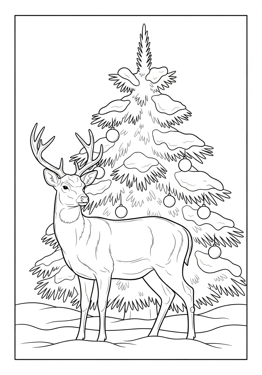 Christmas Tree Coloring Pages 11 Deer standing by snowy evergreen tree coloring page