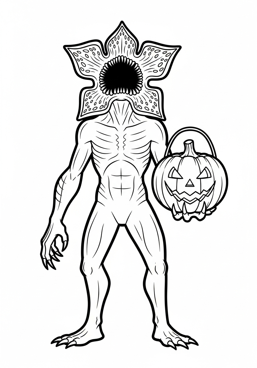 Demogorgon holding Halloween pumpkin basket coloring page