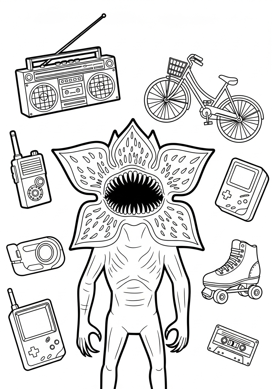 Demogorgon surrounded by retro objects coloring page
