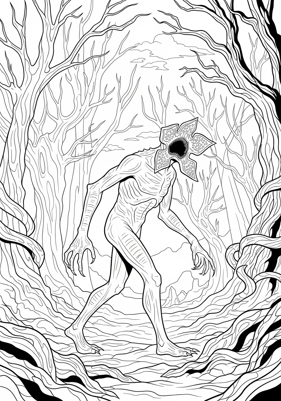 Demogorgon walking in dark forest coloring page