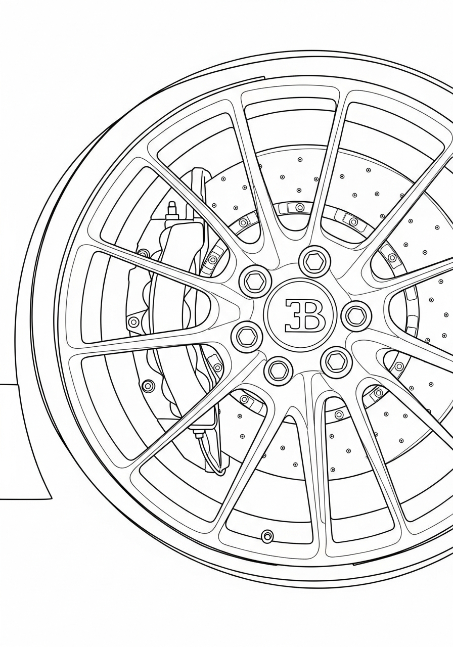 Detailed Bugatti rim and brake coloring page