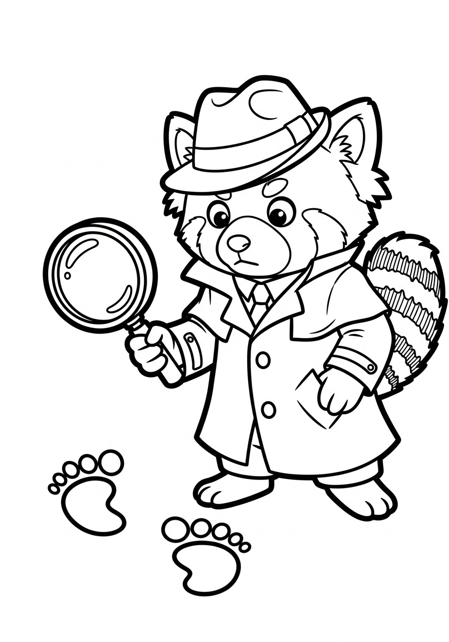 Detective red panda holding magnifier coloring page