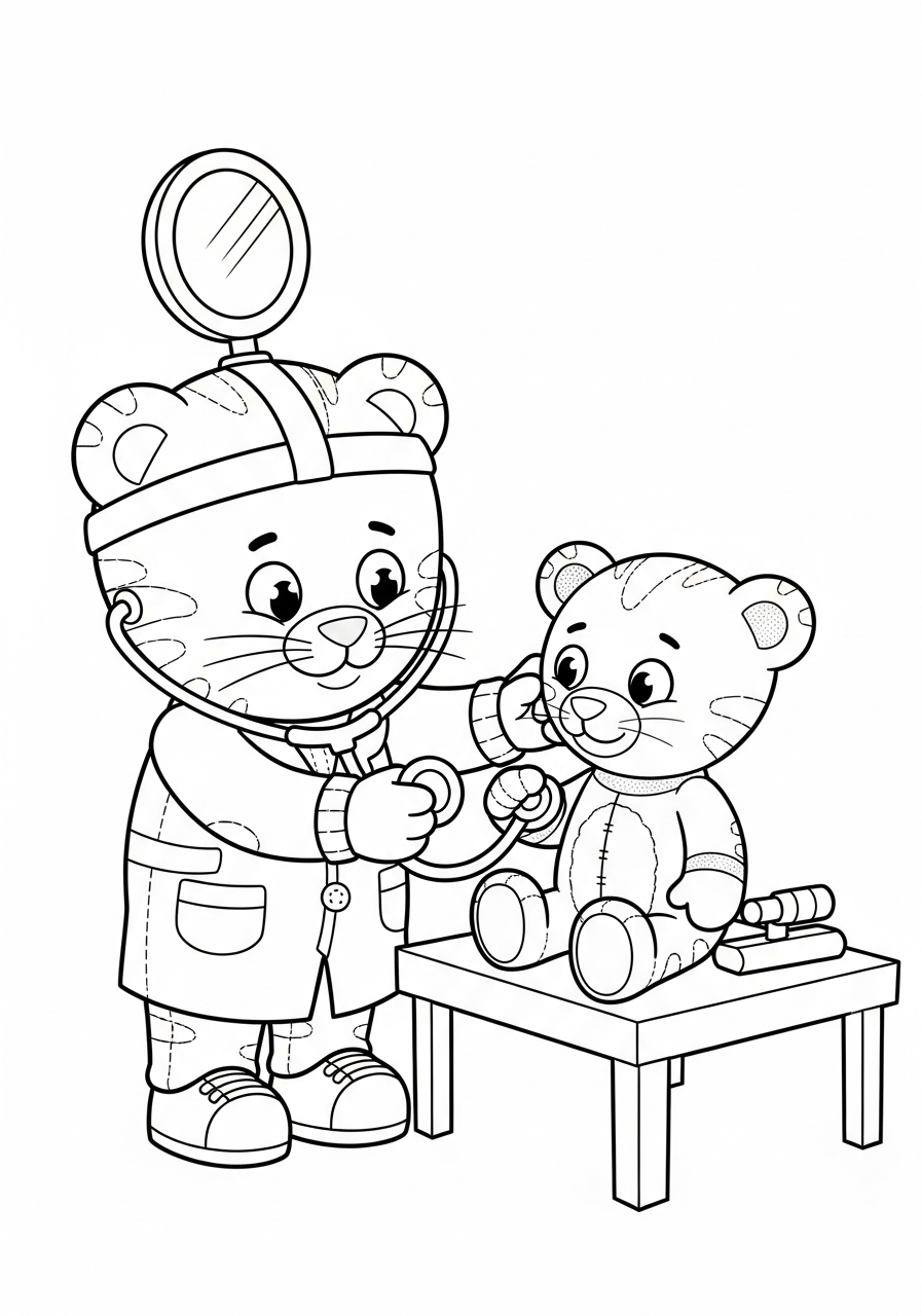 Doctor Daniel Tiger checking Tigey coloring page