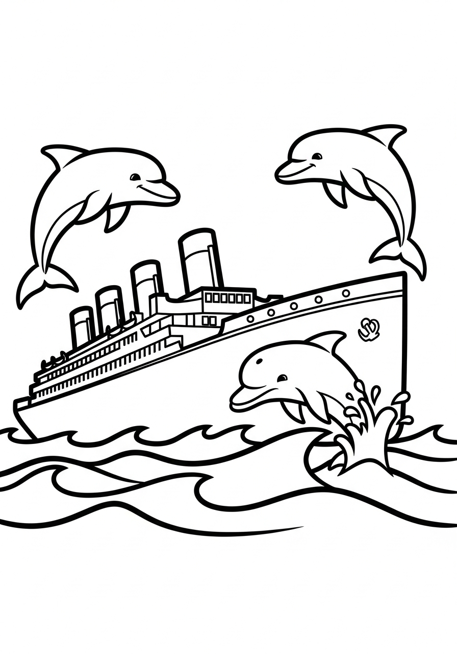 Dolphins jumping near Titanic coloring page