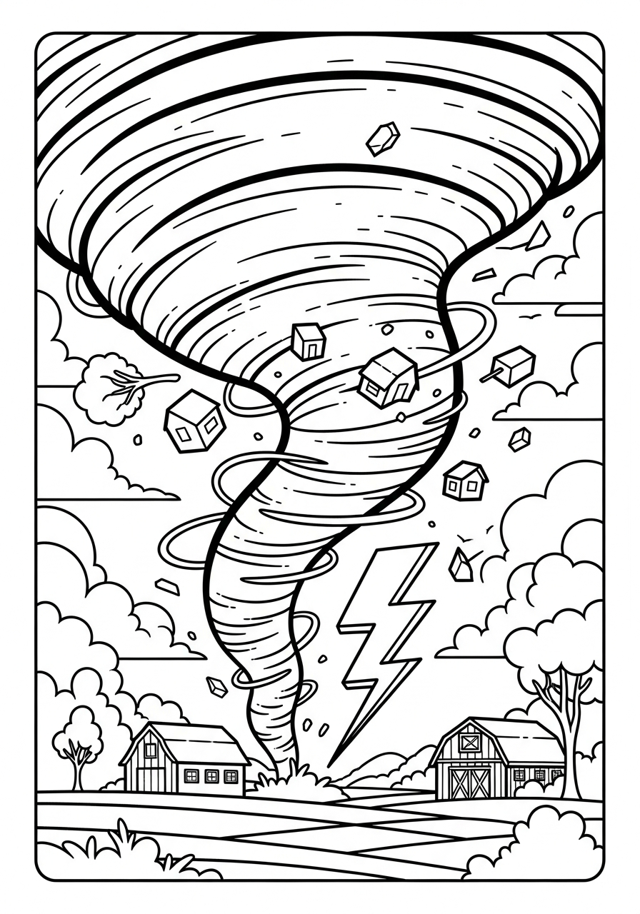 Dramatic tornado with lightning strike coloring page