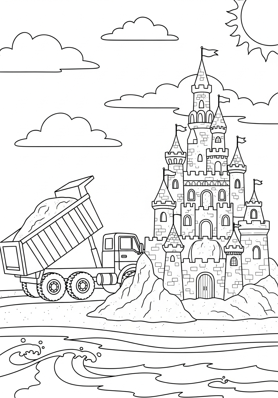 Dump Truck Coloring Pages 7 Dump truck at beach sandcastle coloring page