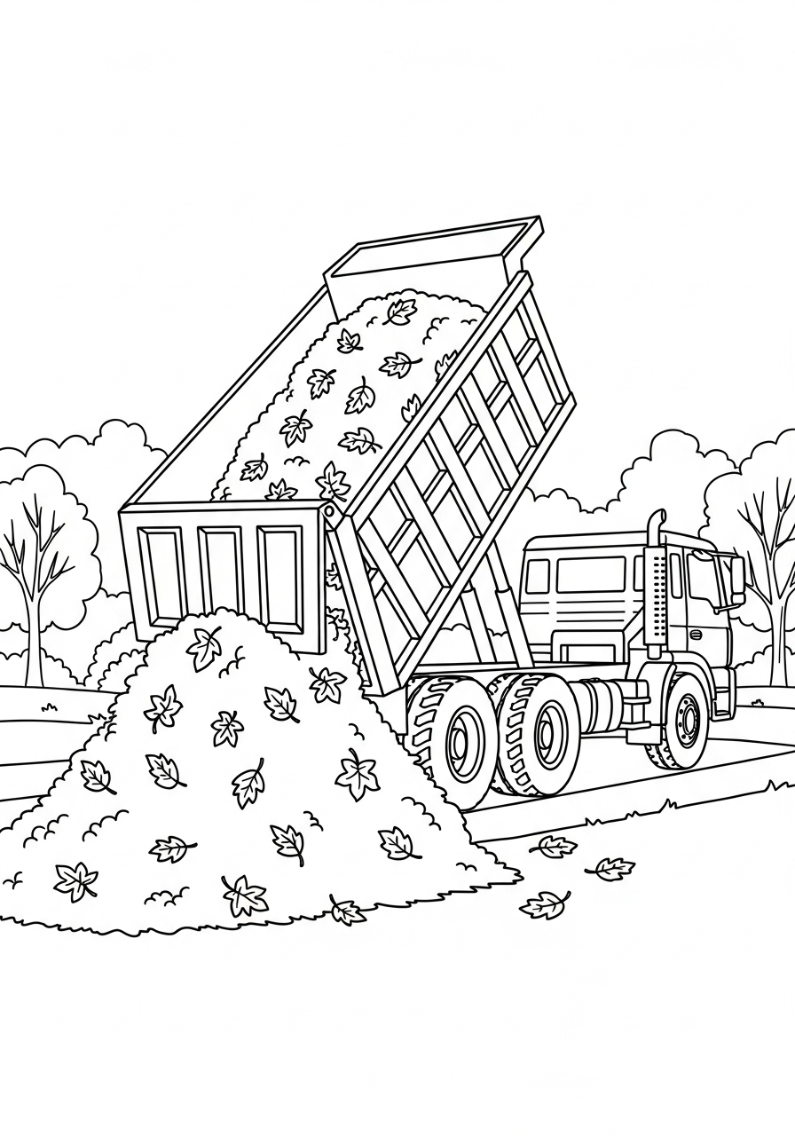 Dump Truck Coloring Pages 11 Dump truck dumping autumn leaves coloring page