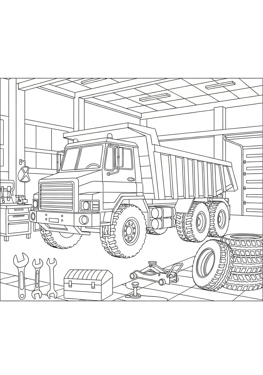 Dump Truck Coloring Pages 17 Dump truck in repair garage coloring page