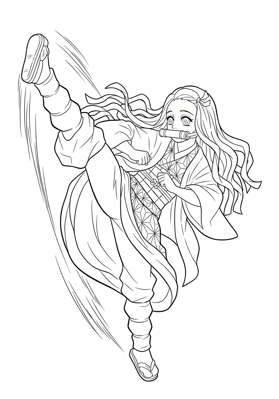 Nezuko Coloring Pages 8 Dynamic Nezuko high kick action coloring page