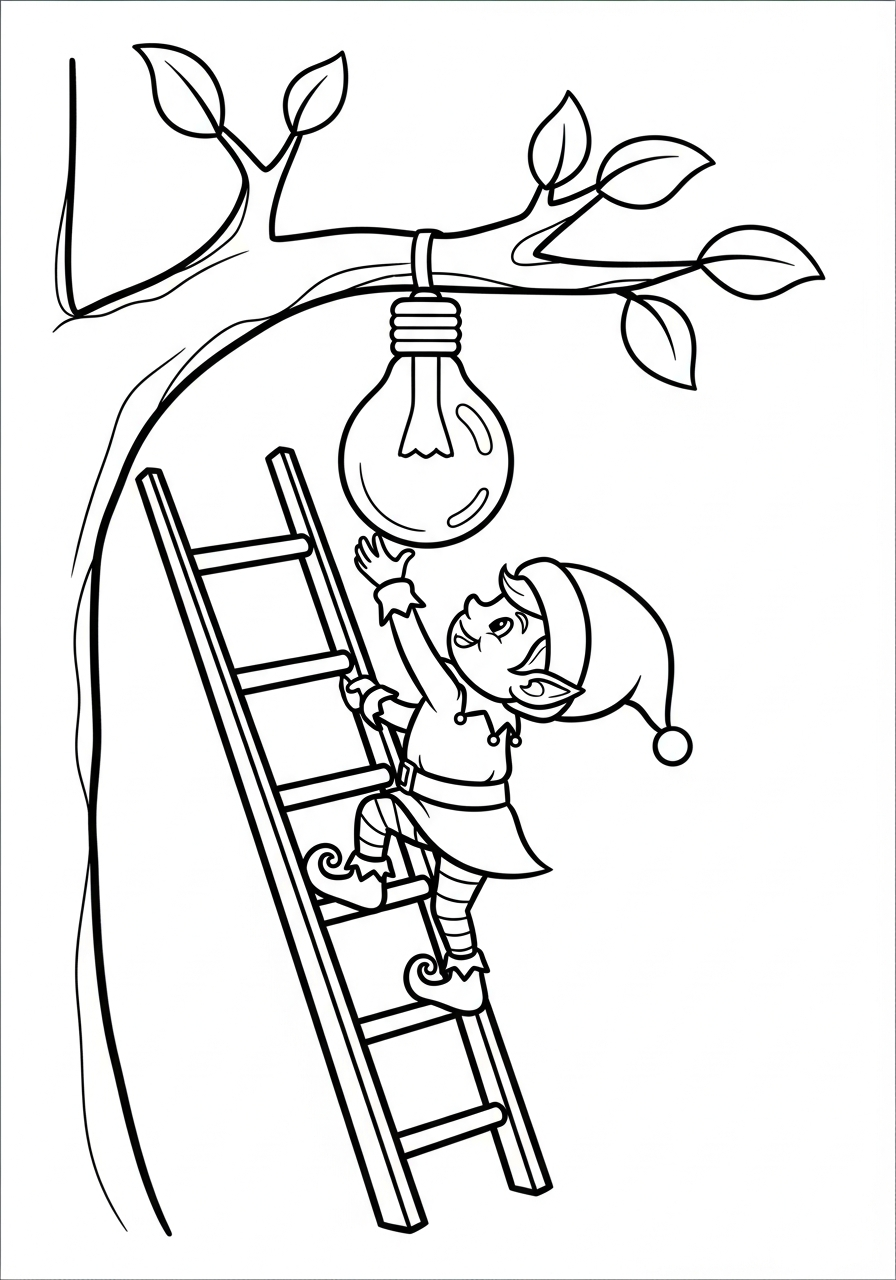 Christmas Light Coloring Pages 7 Elf hanging lights on tree coloring page