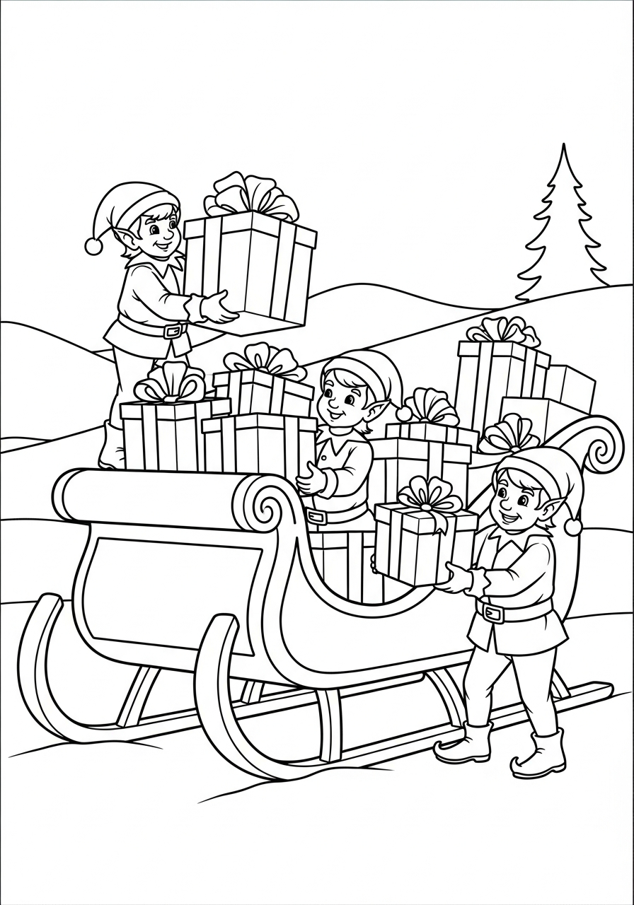 Santa Sleigh Coloring Pages 20 Elves loading gifts into sleigh coloring page