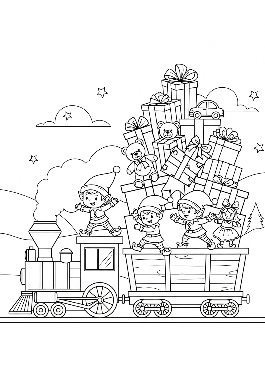 Christmas Train Coloring Pages 6 Elves stacking gifts on train coloring page
