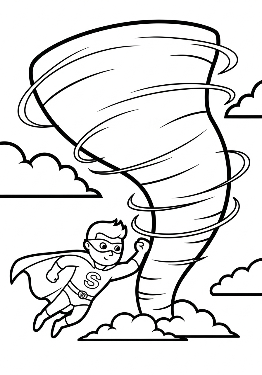 Cartoon superhero flying at tornado coloring page