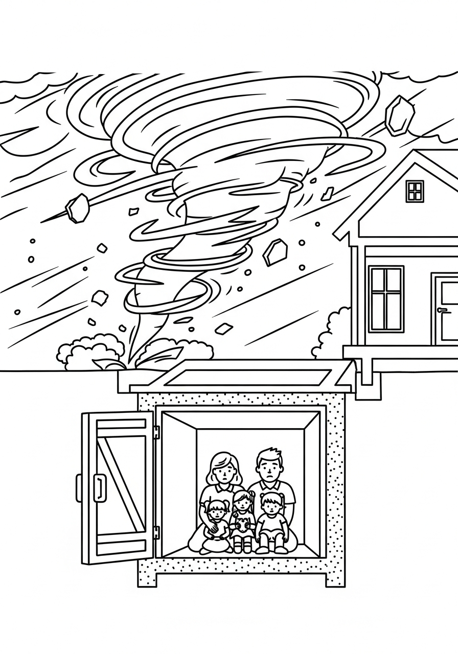 Family in underground storm shelter coloring page