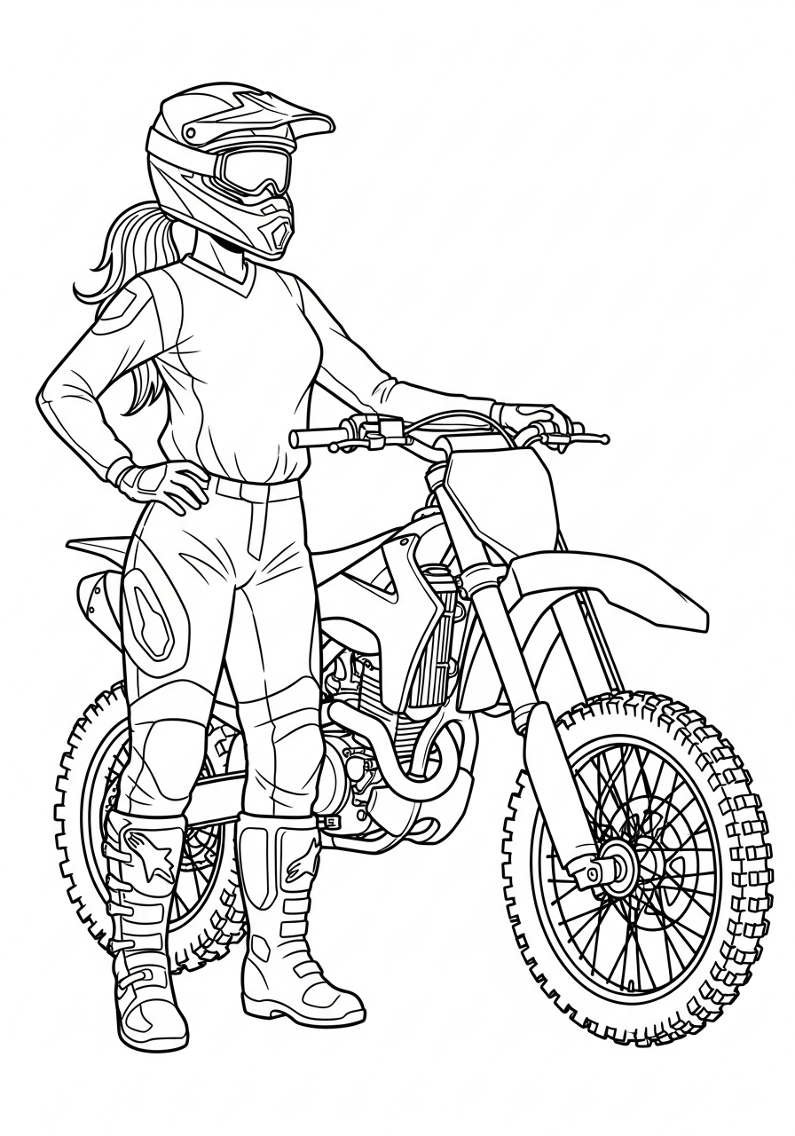Dirt Bike Coloring Pages 20 Female rider with ponytail and bike coloring page