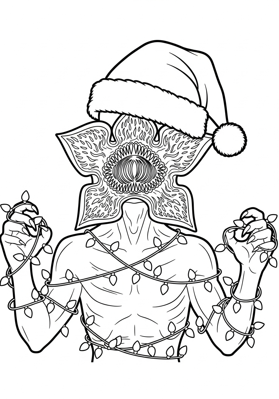 Festive Demogorgon with Christmas lights coloring page