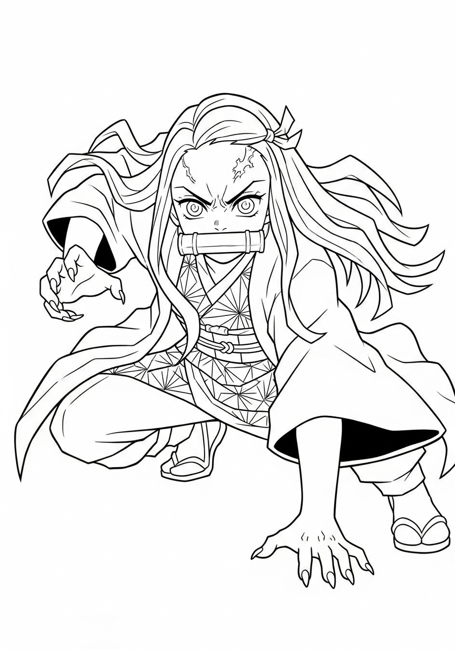 Nezuko Coloring Pages 9 Fierce Nezuko in battle stance coloring page