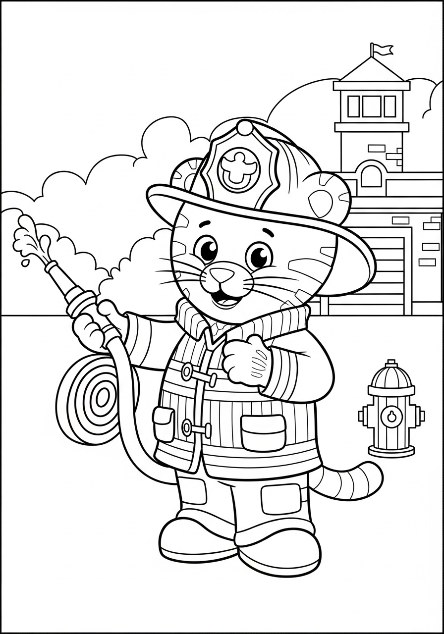 Firefighter Daniel Tiger with hose coloring page