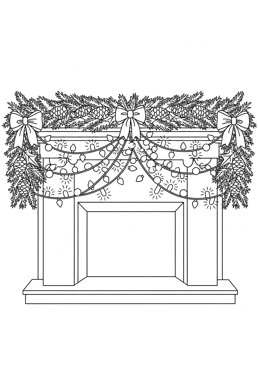 Christmas Light Coloring Pages 8 Fireplace mantel with garland lights coloring page