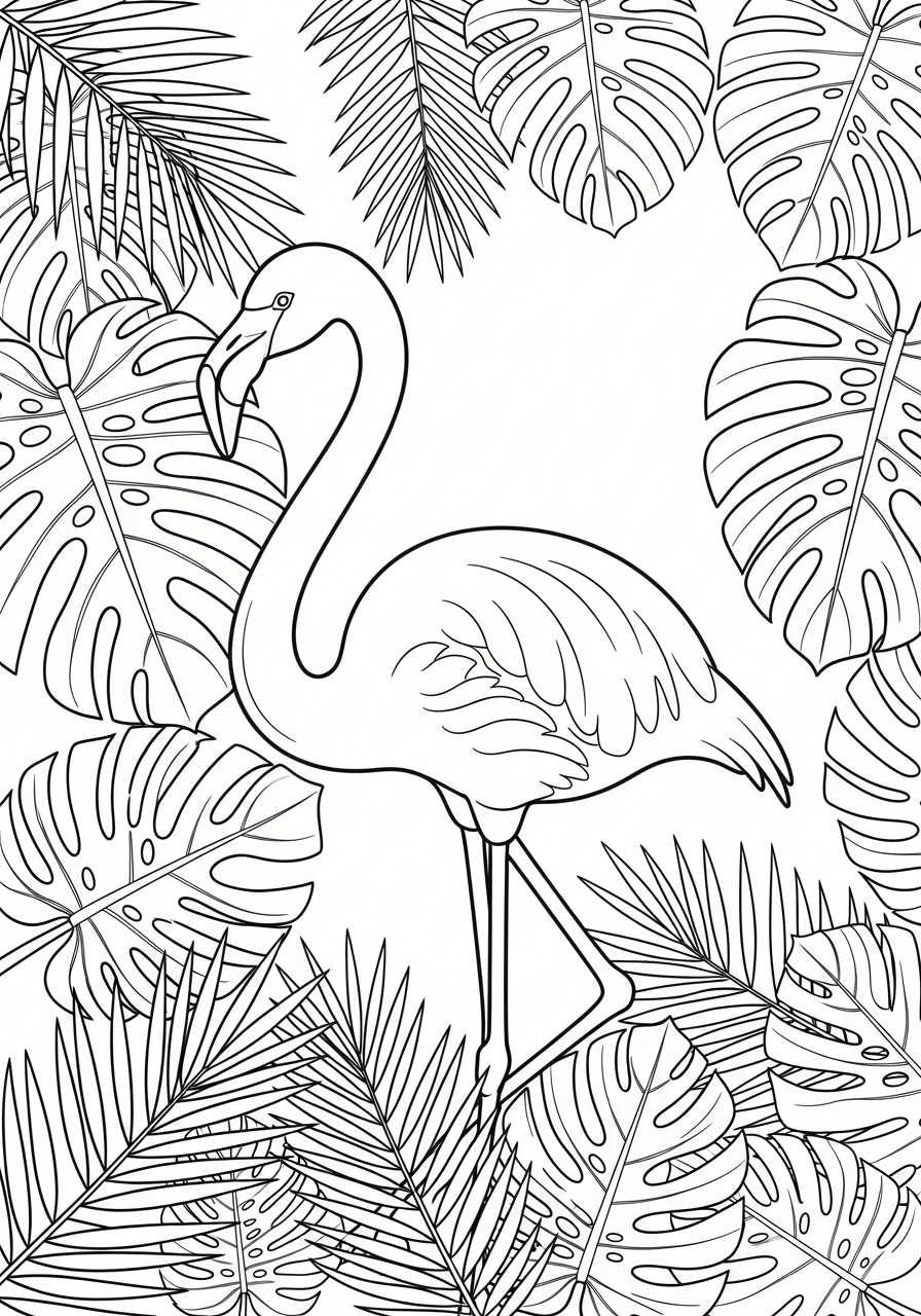Flamingo among tropical monstera leaves coloring page