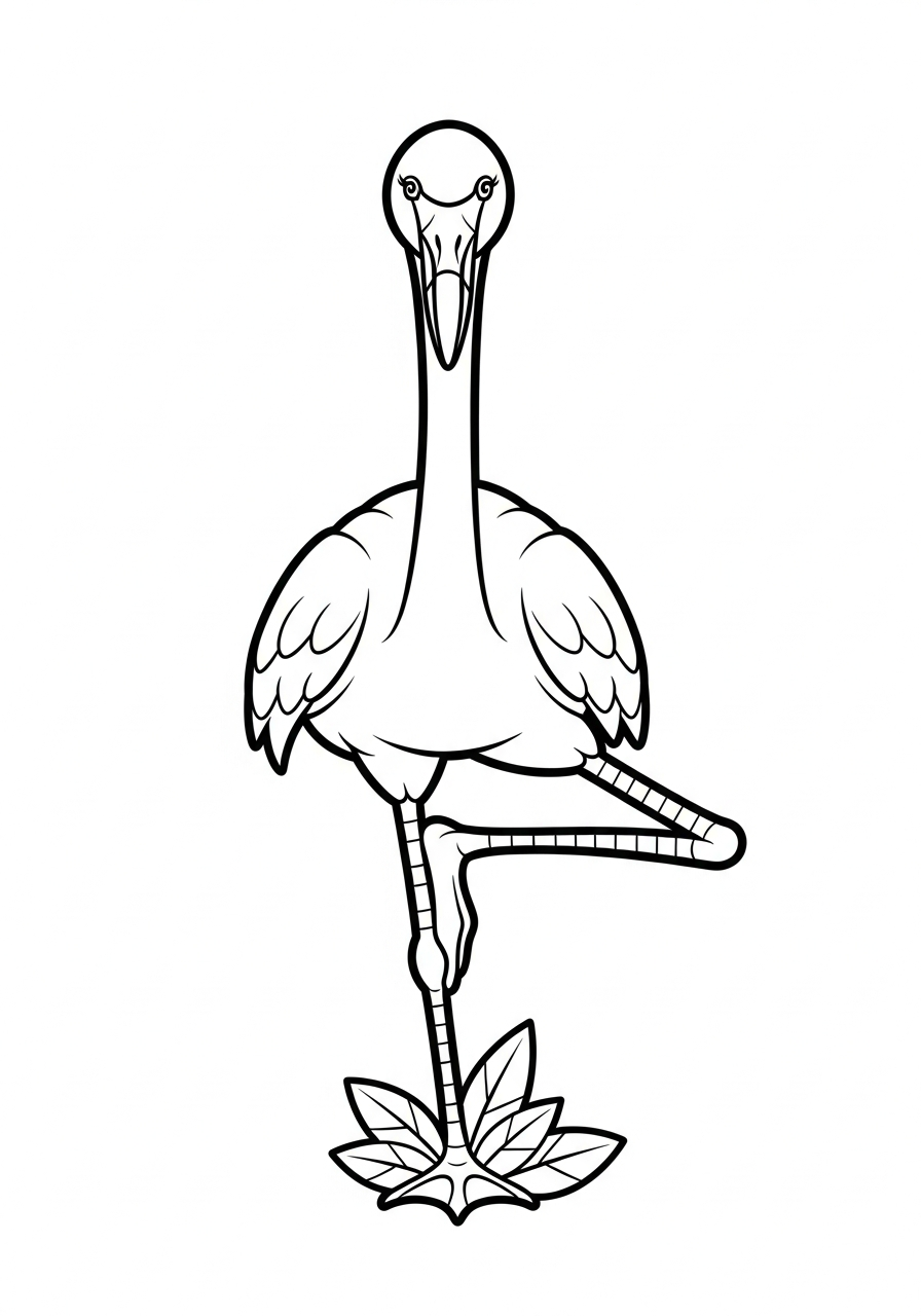 Flamingo doing yoga tree pose coloring page