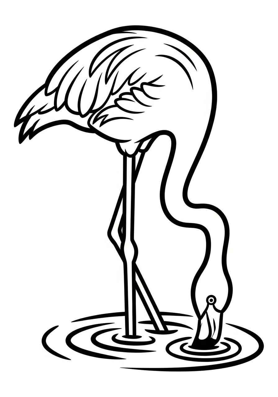 Flamingo drinking water with ripples coloring page
