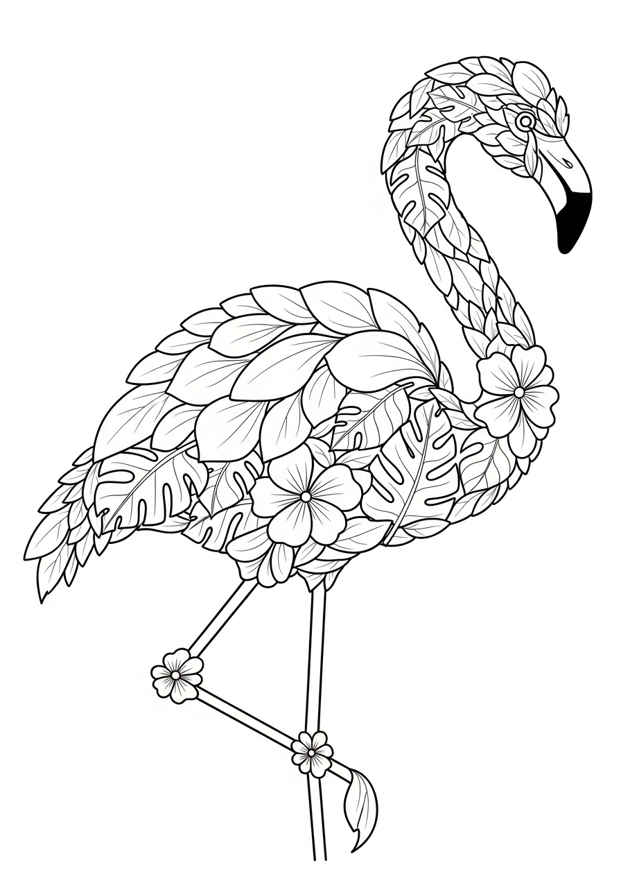 Flamingo made from flowers and leaves coloring page