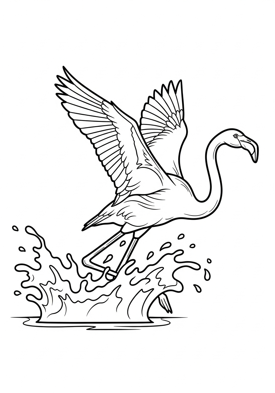 Flamingo taking off with splash coloring page