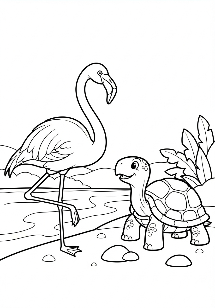 Flamingo talking to a turtle coloring page
