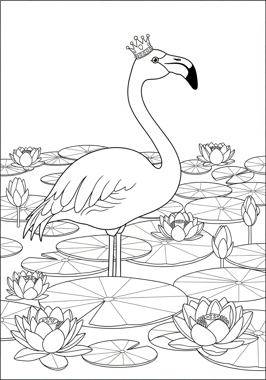 Flamingo with crown in lilies coloring page