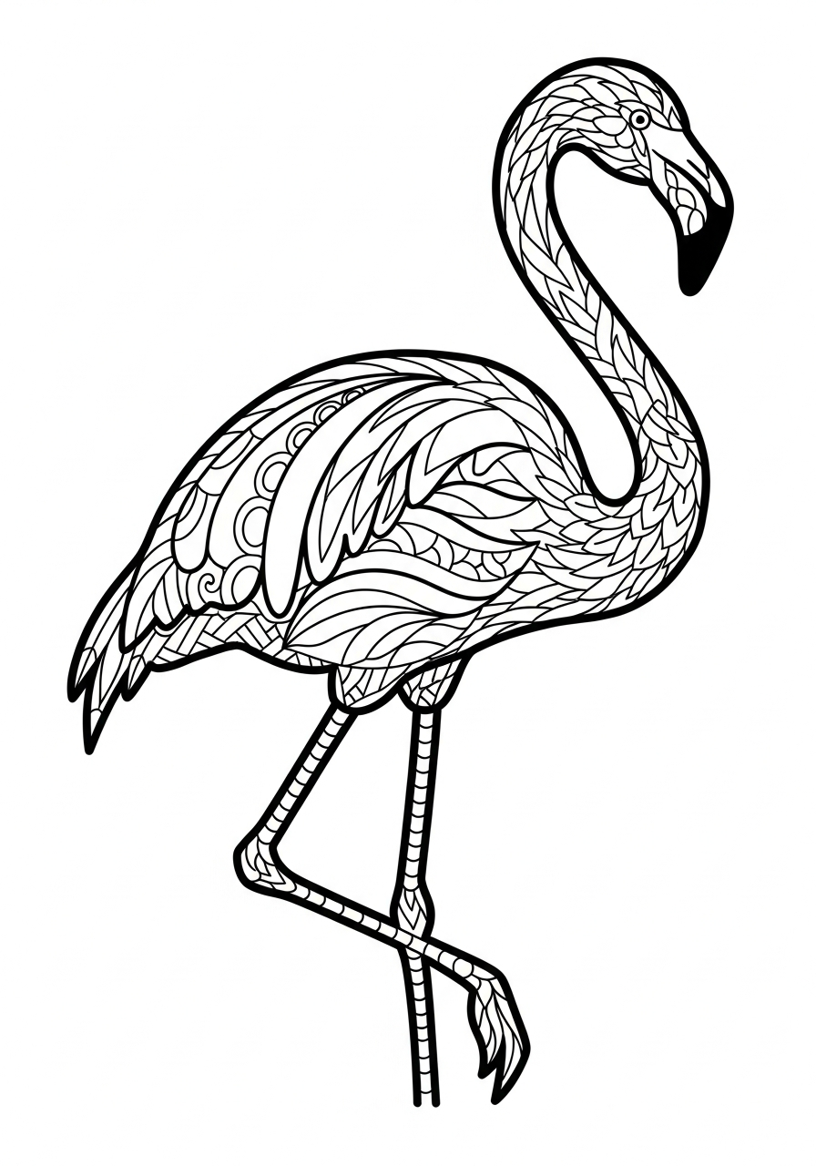 Flamingo with intricate zentangle patterns coloring page