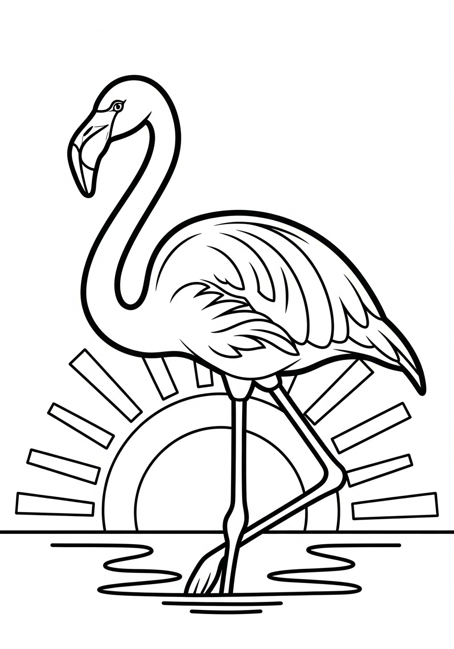 Flamingo with sunset over water coloring page