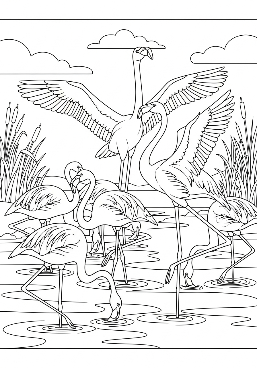 Flamingos doing a marching dance coloring page
