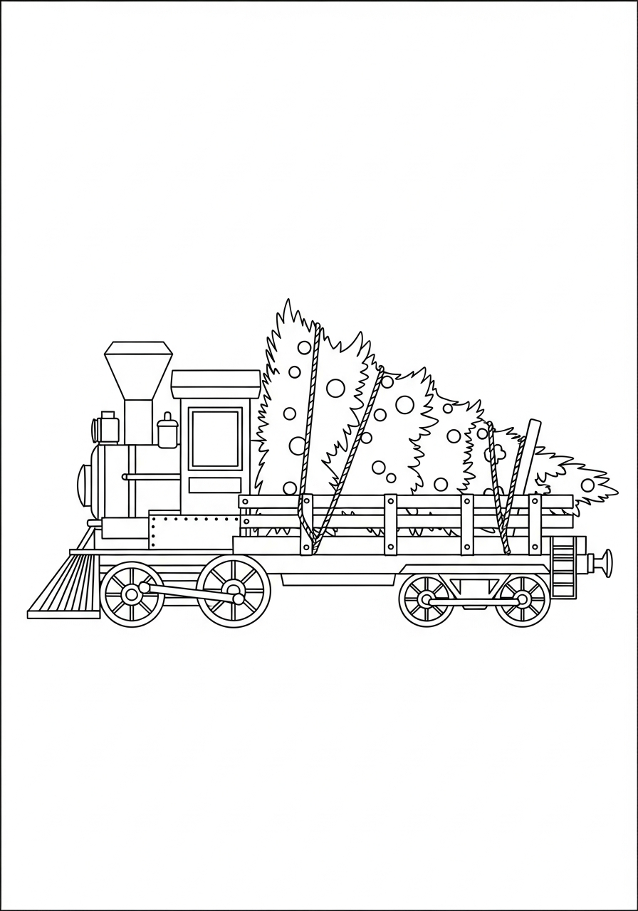 Christmas Train Coloring Pages 7 Flatbed train carrying giant tree coloring page