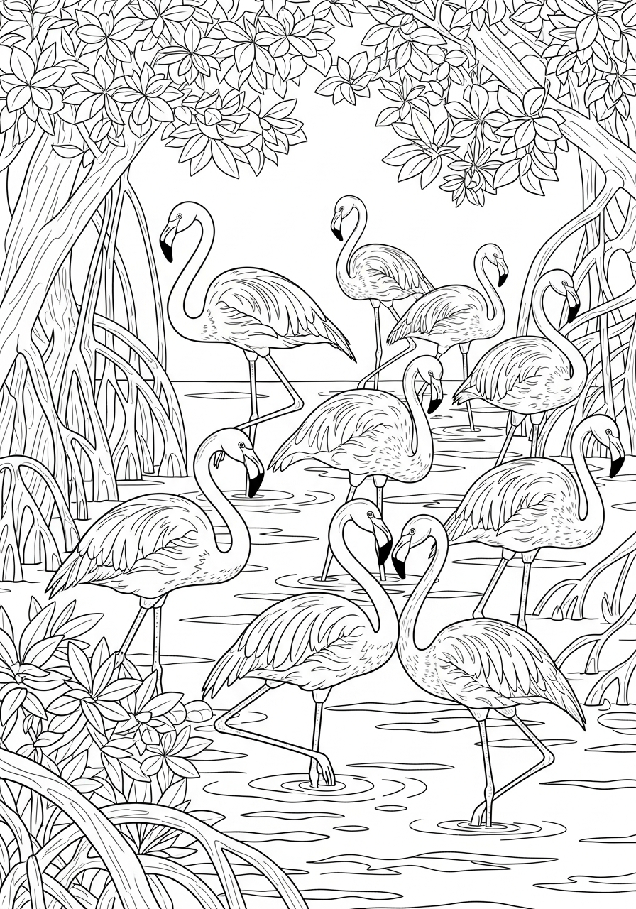 Flock of flamingos in mangroves coloring page