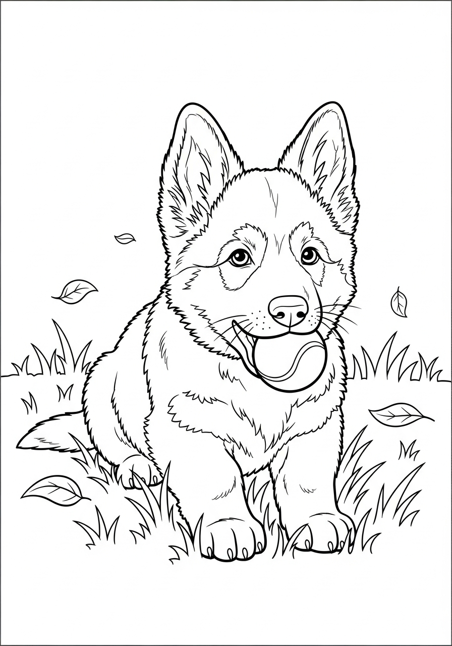 Fluffy German Shepherd chewing ball coloring page