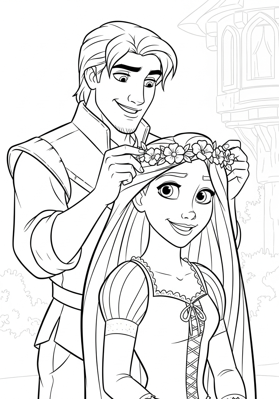 Flynn putting flower crown Rapunzel coloring page
