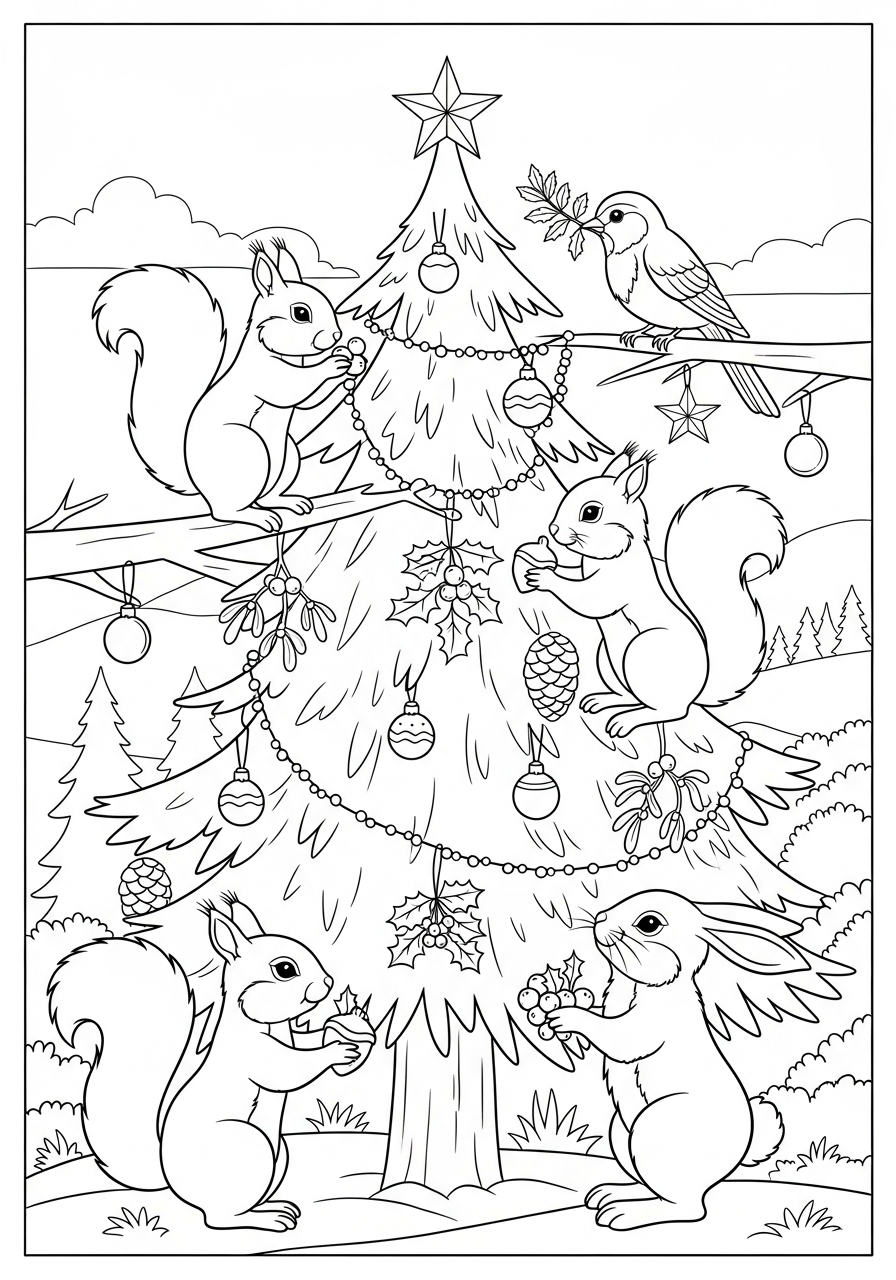 Christmas Tree Coloring Pages 12 Forest animals decorating a pine tree coloring page