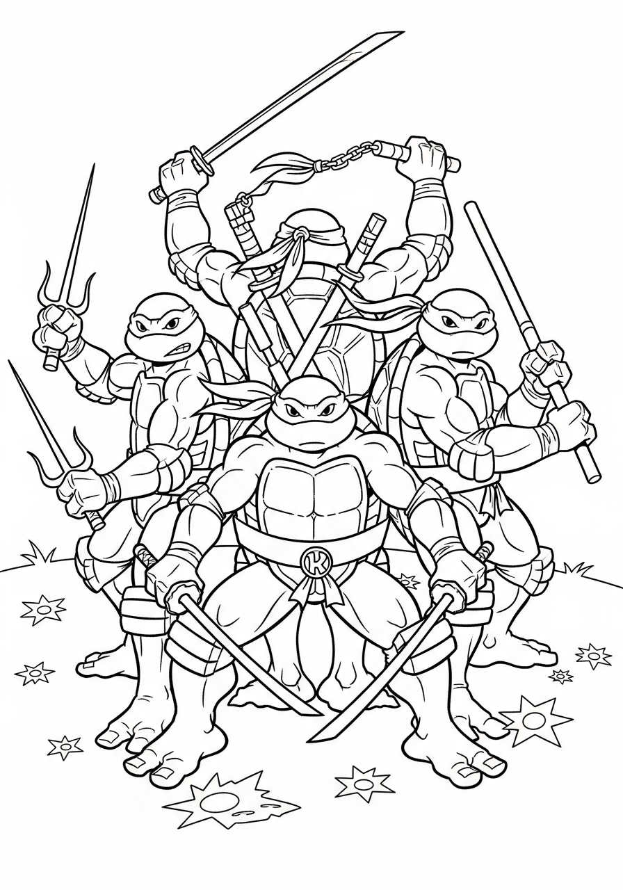 Ninja Turtle Coloring Pages 12 Four turtles back-to-back, weapons drawn coloring page