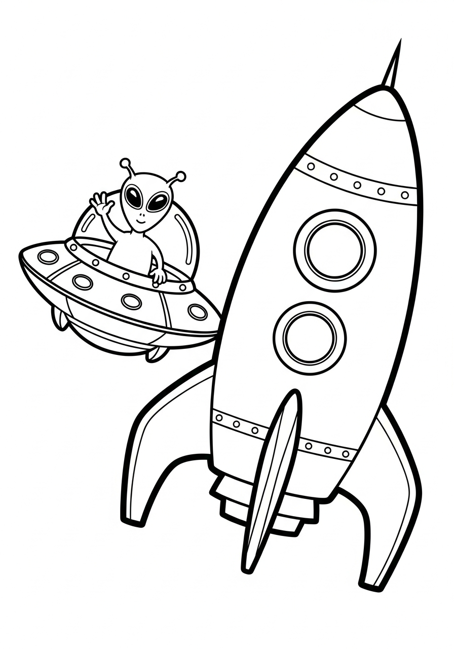 Rocket Ship Coloring Pages 5 Friendly alien UFO and rocket coloring page