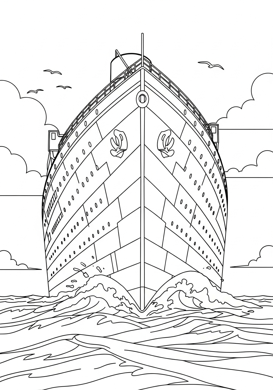Front bow view of Titanic coloring page