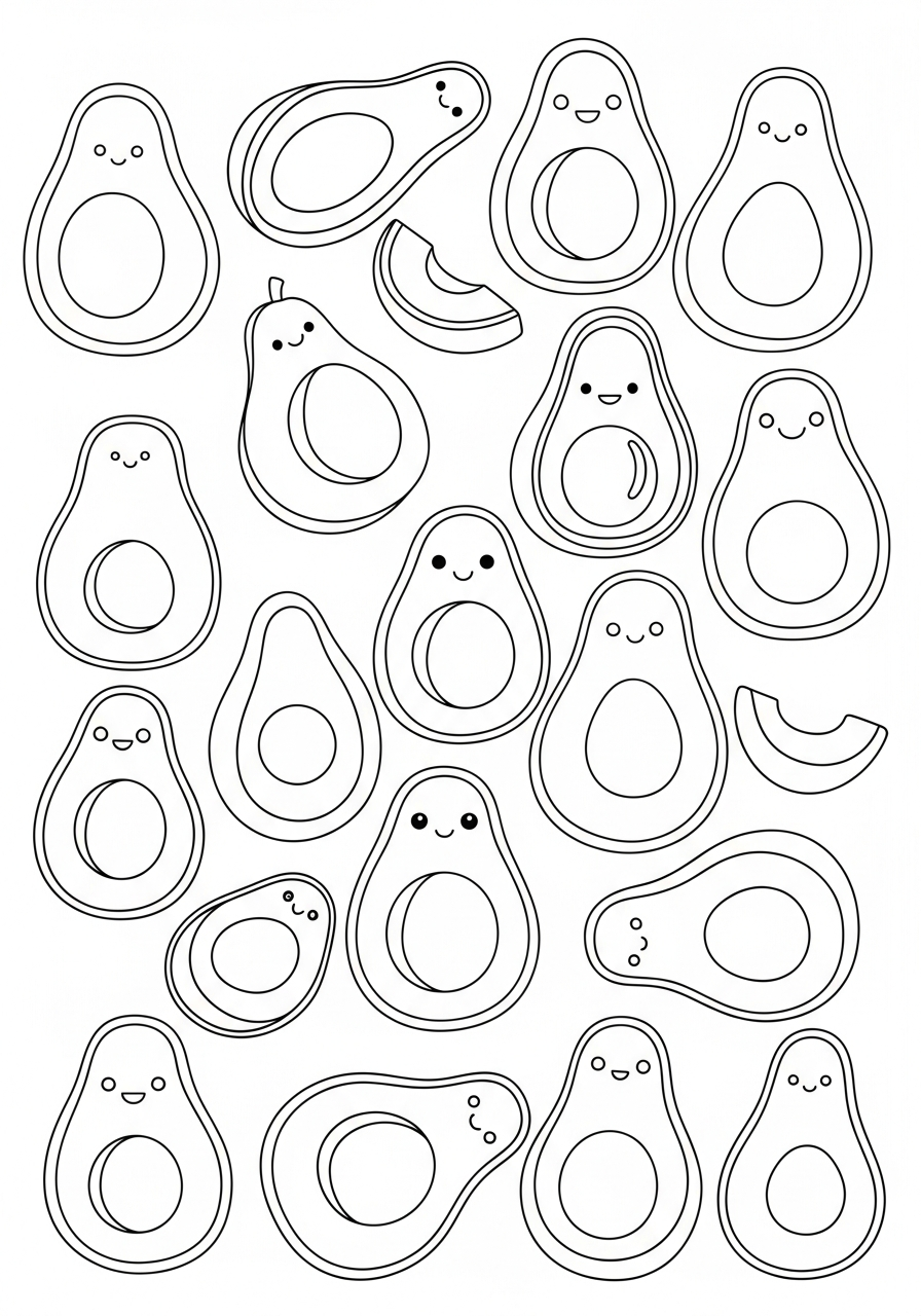 Full page of various avocado slices coloring page