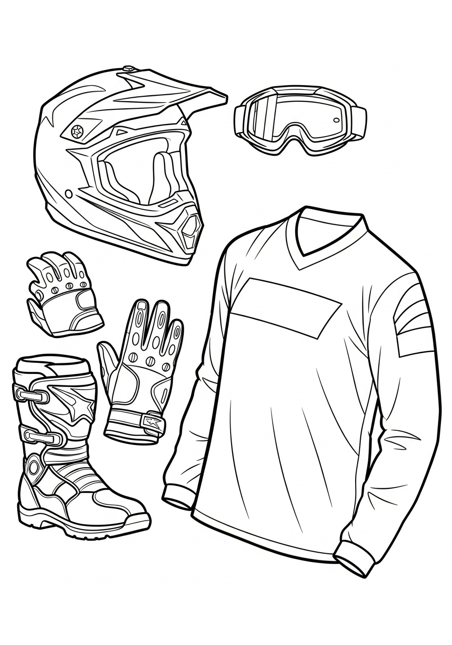 Dirt Bike Coloring Pages 21 Full set of dirt bike gear flat lay coloring page