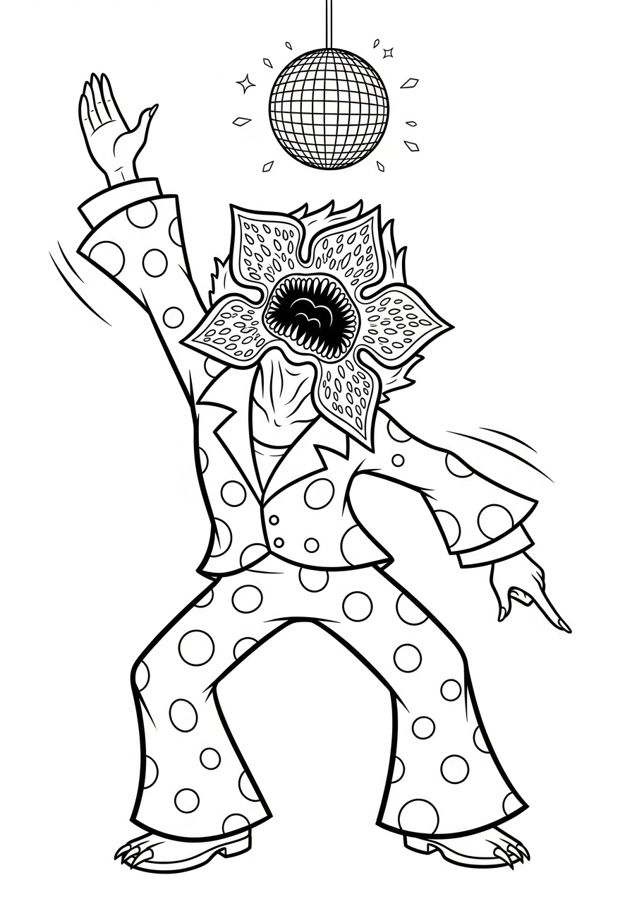 Funny Demogorgon doing disco dance coloring page
