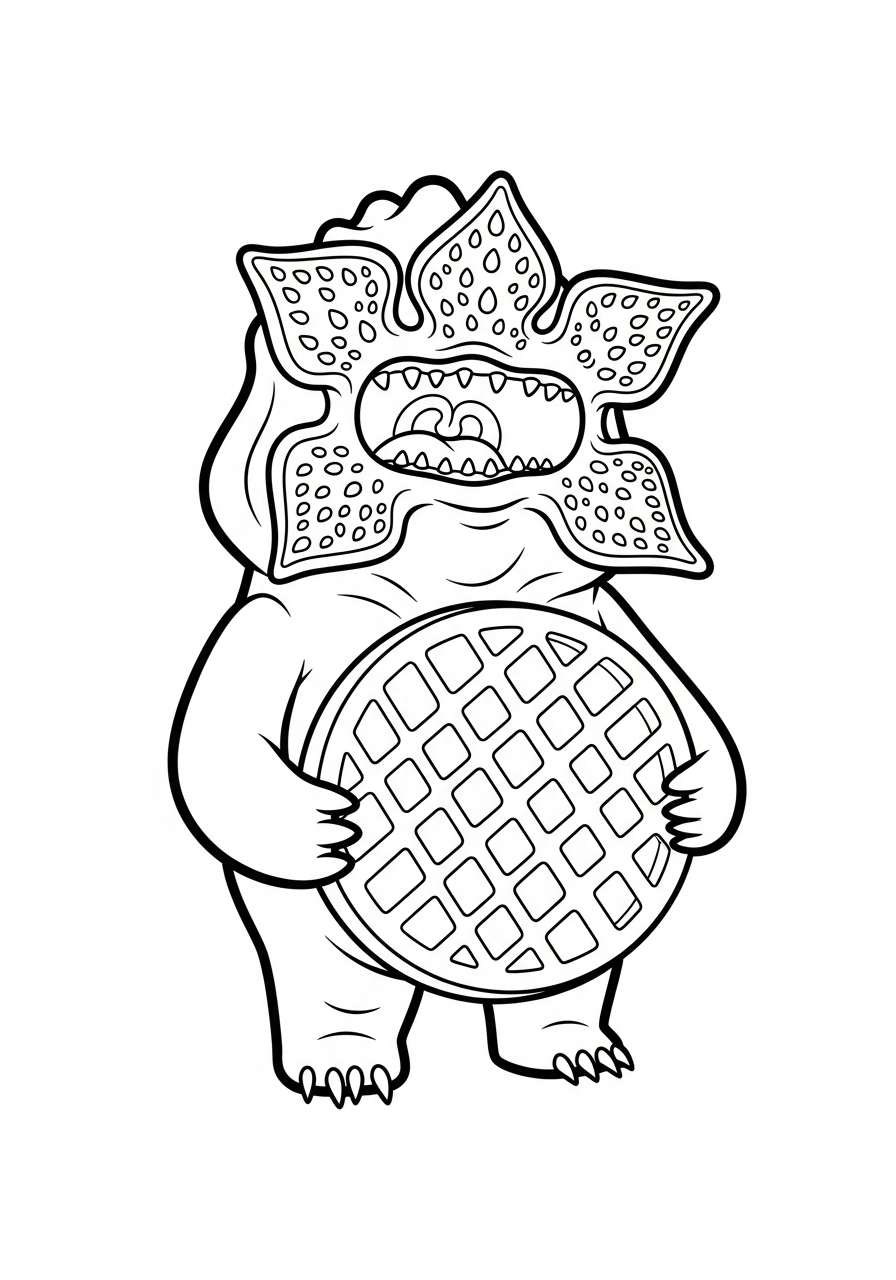 Funny Demogorgon holding a waffle coloring page